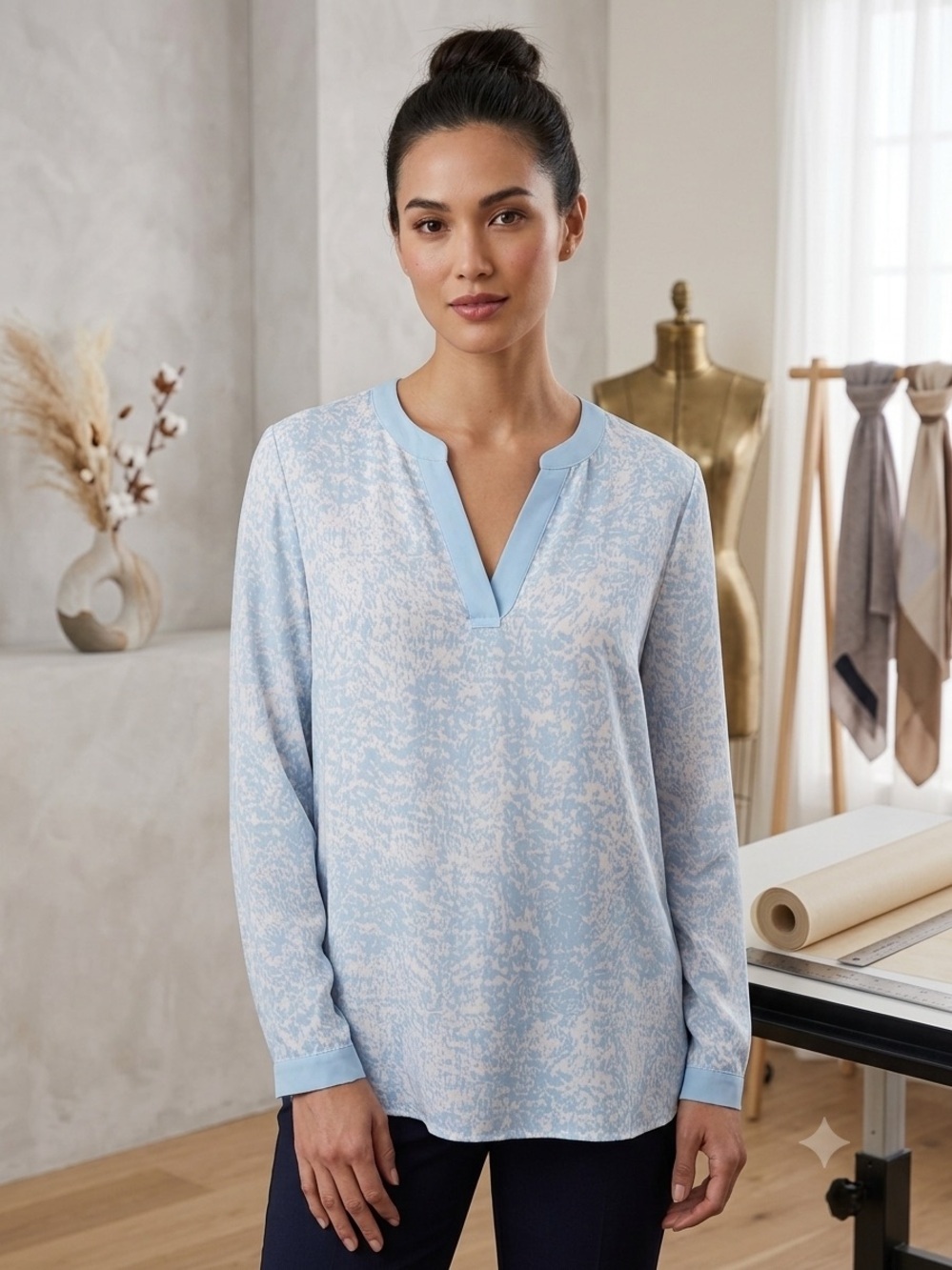 Kenneth Cole Light Blue and White Printed Blouse XL